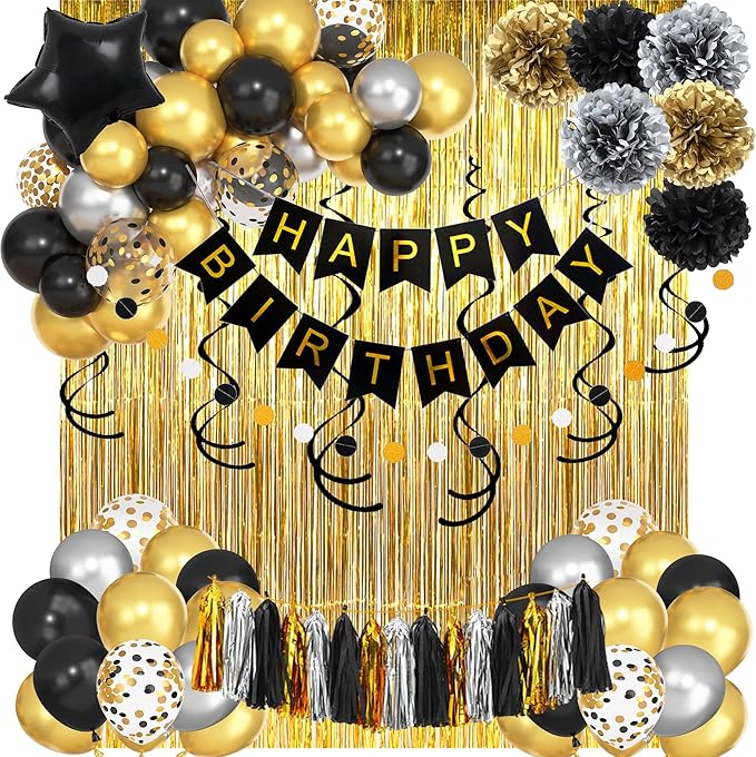 Black and Gold Birthday Party Decorations Kit for Men Women Cheers