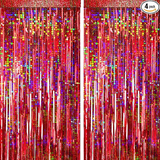 4 Packs Red Foil Fringe Curtain, Red Glitter Metallic Tinsel Backdrop