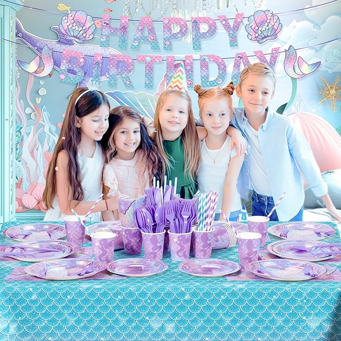 195Pcs Mermaid Birthday Party Decorations with Happy Birthday Banner
