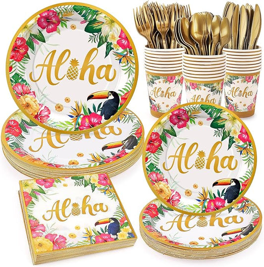 Golden Tropical Luau Party Tableware Supplies 168PCS Hawaiian Plates