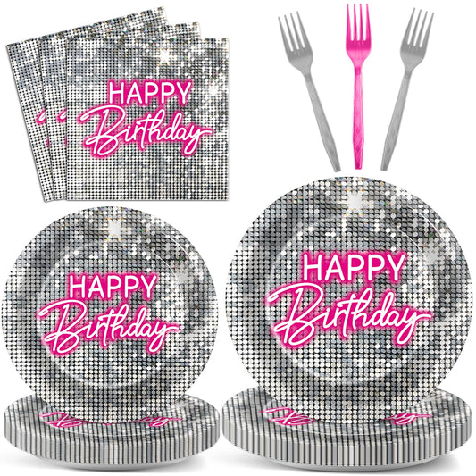 96PCS Silver Sequins Pink Neon Birthday Paper Plates and Napkins