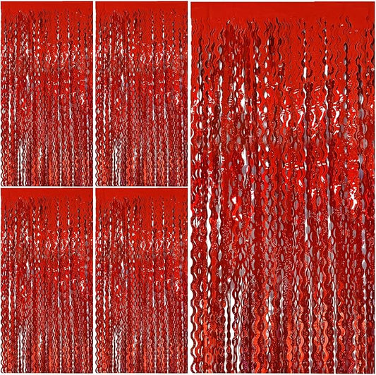 Red Tinsel Foil Fringe Curtains Wavy Backdrop for Parties Sparkle Meta