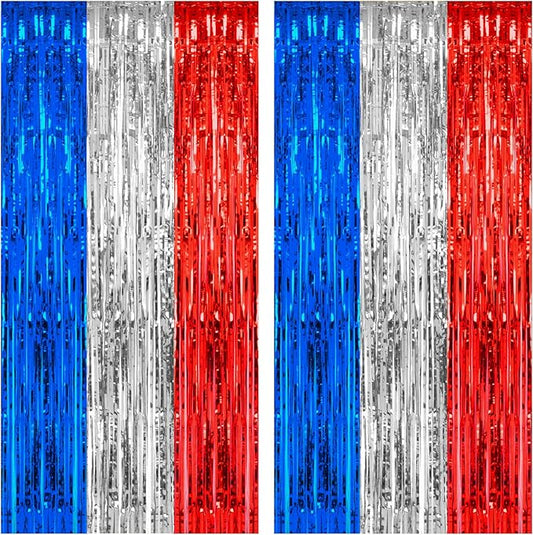 PIGETALE, 2 Pack 3.2 x 8.2 ft Red White and Blue Foil Fringe Backdrop