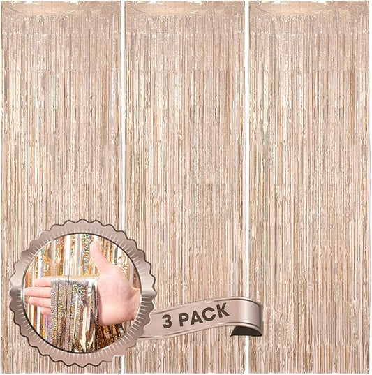Voircoloria 3 Pack 3.3 x 8.2 ft Laser Champagne Foil Fringe Backdrop
