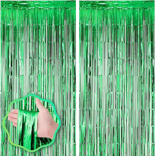 Voircoloria 2 Pack Green Foil Fringe Backdrop Curtains, Tinsel