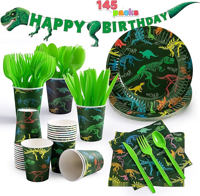 145 Piece Dinosaur Birthday Party Supplies with Banner 24 Serves