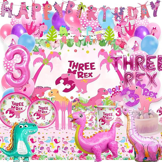 Pink Three Dino Rex Birthday Party Decorations Dinosaur 3rd Birthday