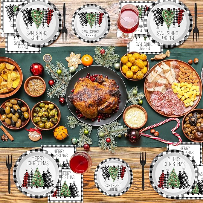 96 Pieces Buffalo Plaid Christmas Tree Tableware Set for Christmas