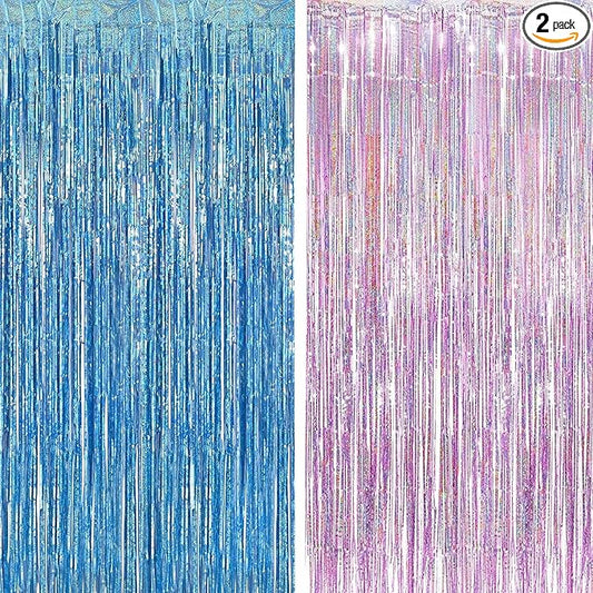 BRAVESHINE Pink Blue Tinsel Foil Fringe Curtains - 2Pcs 3.2x8.2ft