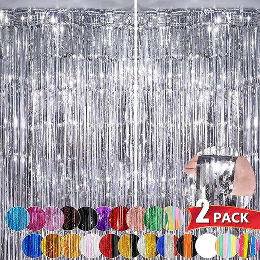 Silver Metallic Tinsel Foil Fringe Curtains, 2 Pack 3.3x8.3 Feet
