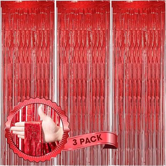 Voircoloria 3 Pack 3.3 x 8.2 ft Laser Red Foil Fringe Backdrop