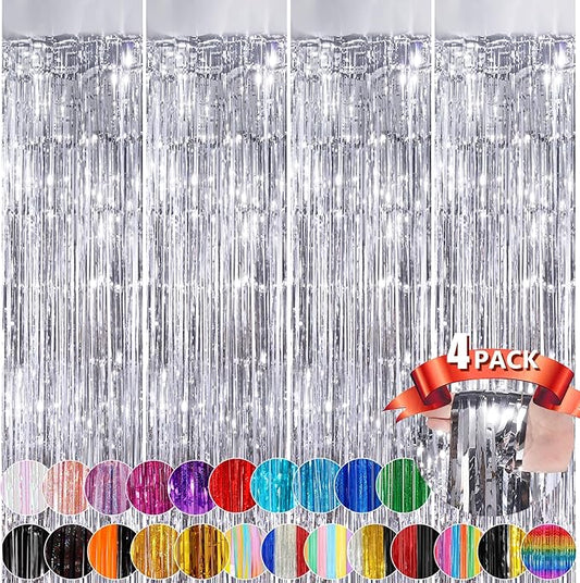 Silver Metallic Tinsel Foil Fringe Curtains, 4 Pack 3.3x8.3 Feet