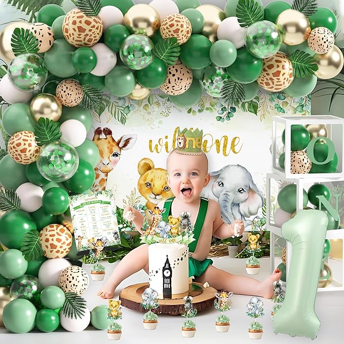 Wild One Birthday Decorations for Boys & Girls 114 Pcs Green Safari