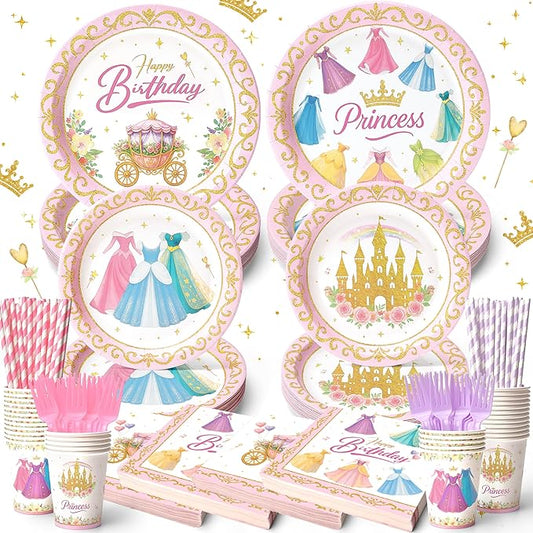 144 Pcs Princess Paper Plates Napkins, Birthday Party Supplies
