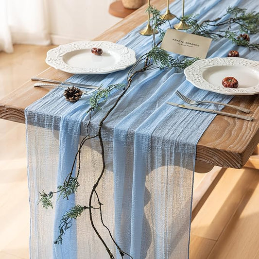 Spring Table Runner Light Blue Cheesecloth Gauze Rustic
