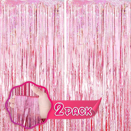 Voircoloria 2 Pack 3.3x8.2 Feet Laser Pink Foil Fringe Backdrop
