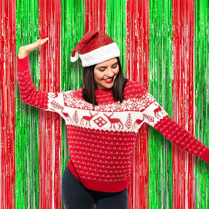 Voircoloria 3 Pack 3.3x8.2 Feet Red and Green Foil Fringe Backdrop