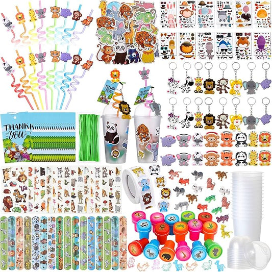 172 Pcs Jungle Party Favors Set Include Cup Straw Stamp Clap