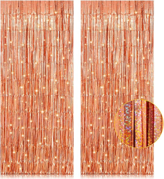 2 Pack 3.2ft x 8.2ft Rose Gold Foil Fringe Curtain Backdrop, Metallic