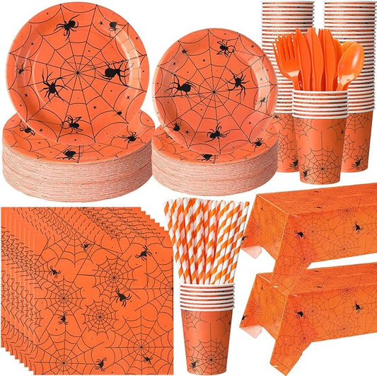 452 Pcs Halloween Spiderweb Supplies Tableware for 50 Guests Orange