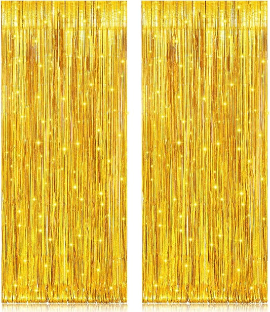 2 Pack 3.2ft x 8.2ft Gold Metallic Foil Curtains, Big Laser Glitter