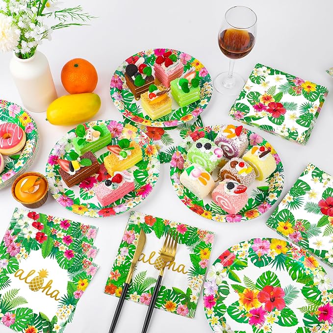 100 Pcs Hawaiian Paper Napkins Plates Tropical Luau Party Supplies 9