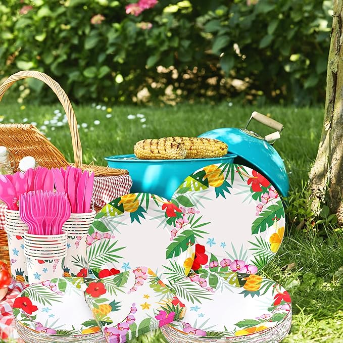 Pink Tropical Luau Party Tableware Supplies 168PCS Hawaiian Plates