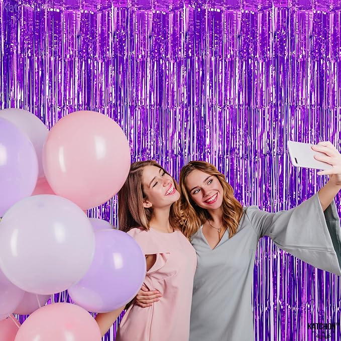 KatchOn, Metallic Purple Foil Fringe Curtain 3.2x8 Ft, Pack of 2 |