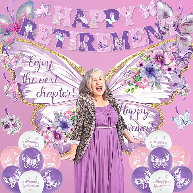 Butterfly Retirement Decorations Purple Happy Retirement Banner