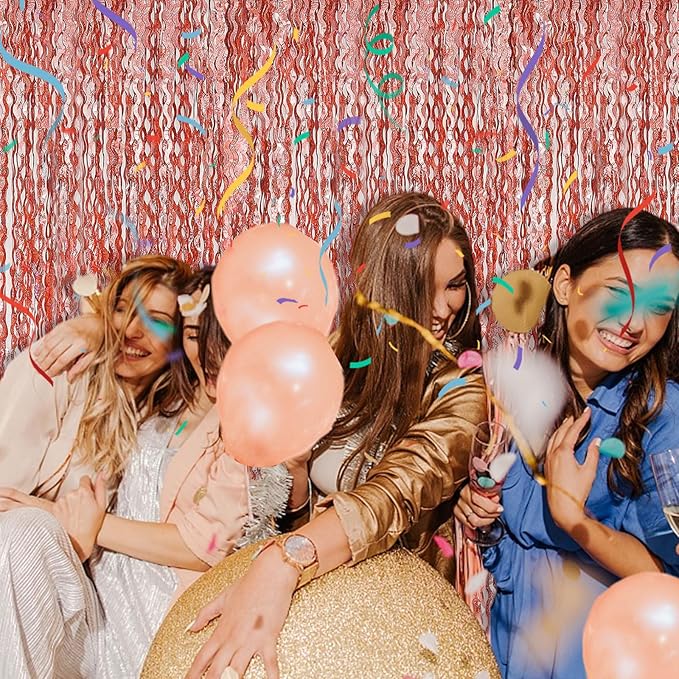 Rose Gold Tinsel Foil Fringe Curtains Wavy Backdrop for Parties