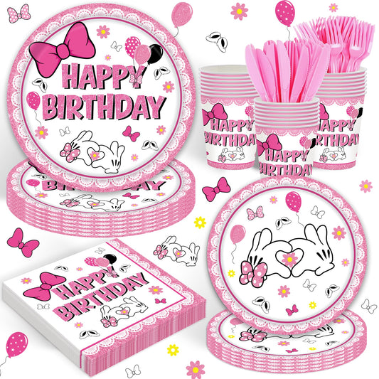 120pcs Pink Bow Mouse Plates Napkins Cartoon Birthday Party Supplies
