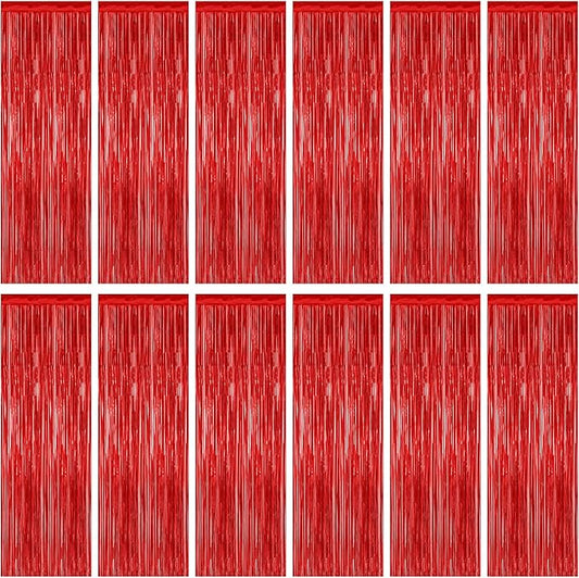 12 Pack Red Curtains, 3.28 FT x 7.05 FT Party Streamer, Metallic