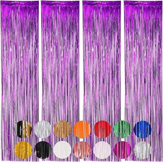 Voircoloria 4 Pack Purple Foil Fringe Backdrop Curtains, Tinsel