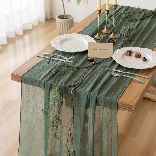 Keketoarrange 3Pcs Forest Green Gauze Rustic Cheesecloth Table Runner