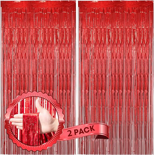 Voircoloria 2 Pack Laser Red Foil Fringe Backdrop Curtains, Tinsel