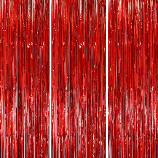 Voircoloria 3 Pack 3.3x8.2 Feet Red Foil Fringe Backdrop Curtains,