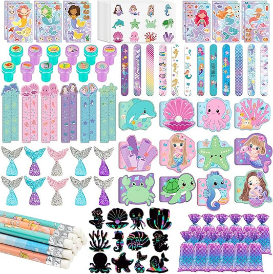 120Pcs Mermaid Party Favors Stickers Pencils Notebooks Stampers