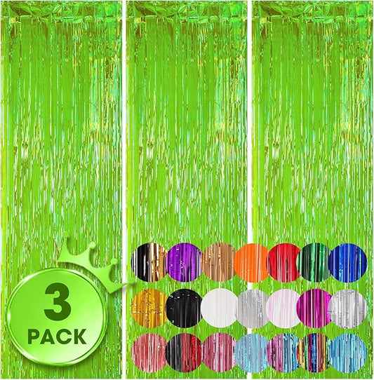 Voircoloria 3 Pack 3.3x8.2 Feet Neon Green Foil Fringe Backdrop