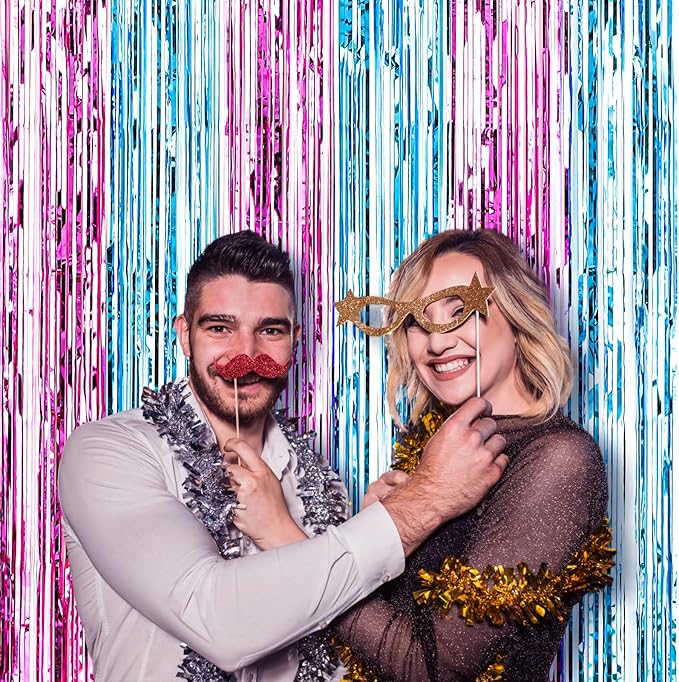 2 Pack 3.3x8.2 Feet Blue and Pink Foil Fringe Backdrop