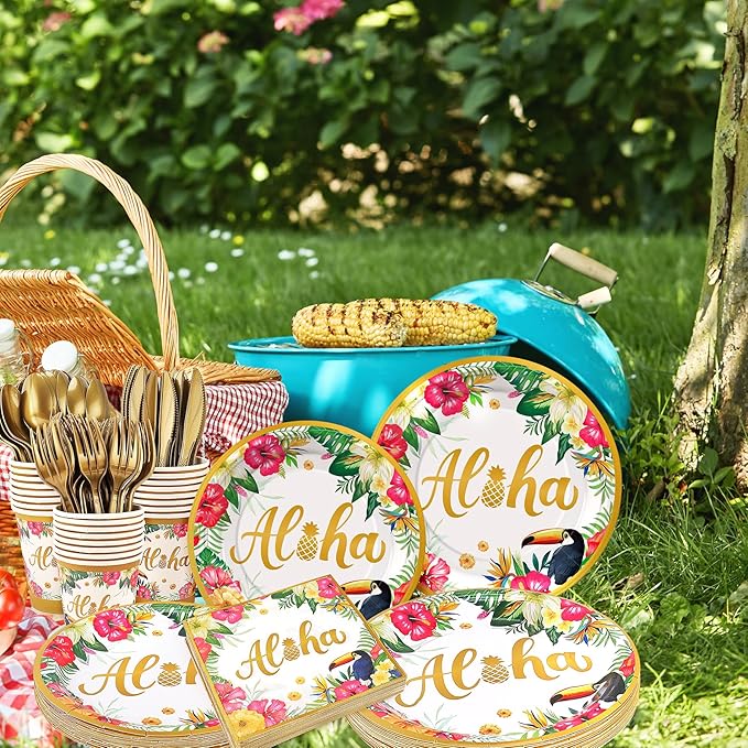 Golden Tropical Luau Party Tableware Supplies 168PCS Hawaiian Plates