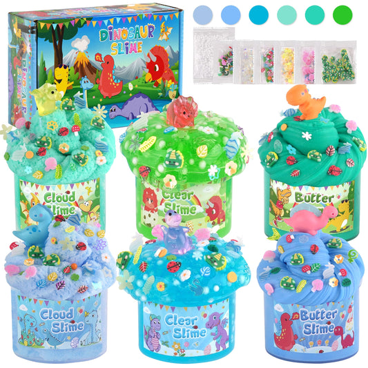 LAWOHO 6 Pack Dinosaurs Slime Kit for Kids - Cloud, Butter, Clear