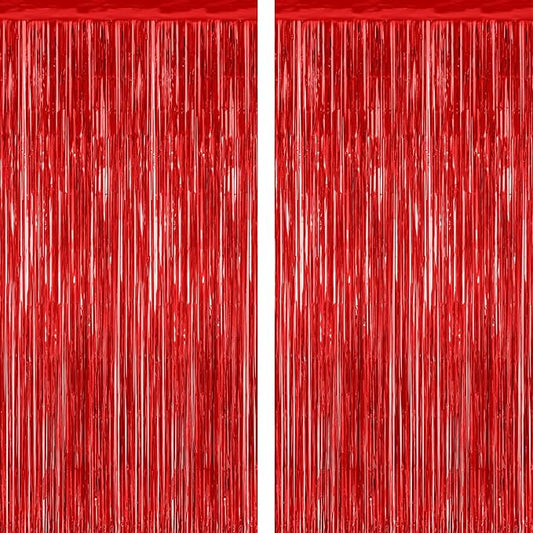 2 Pack Red Tinsel Backdrop, 3.28 FT x 7.05 FT Fringe Curtains, Red