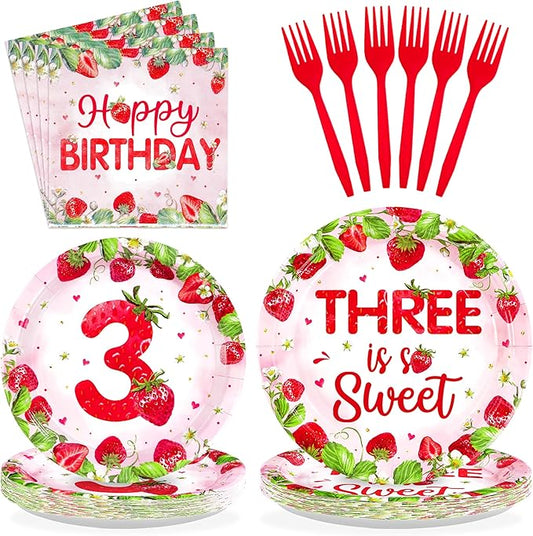 96Pcs Strawberry 3rd Birthday Party Supplies Three is So Sweet