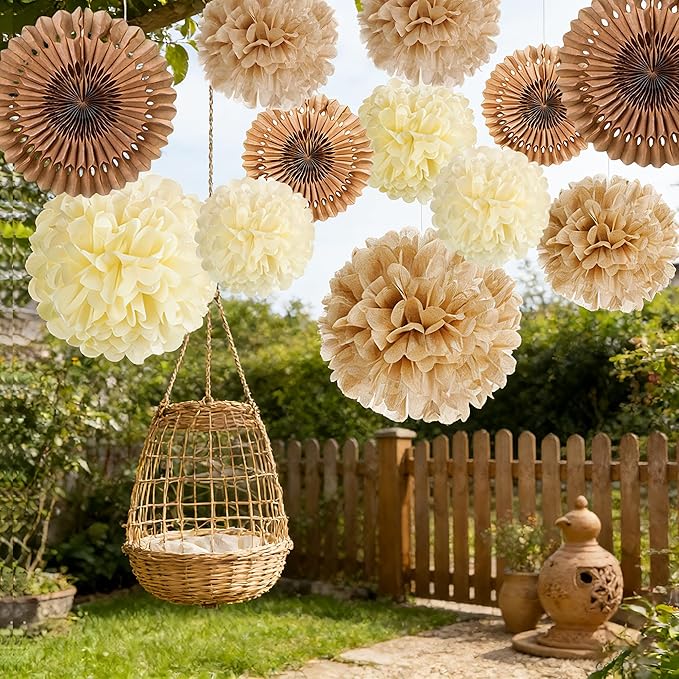 PAPER JAZZ 15 Pcs Wedding Decoration Vintage Beige Pompoms Decoration