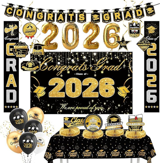 Graduation Decorations 2026 Black and Gold Party Supplies