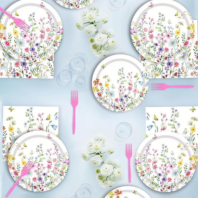 96Pcs Wildflower Plates and Napkins Spring Party Decorations Floral