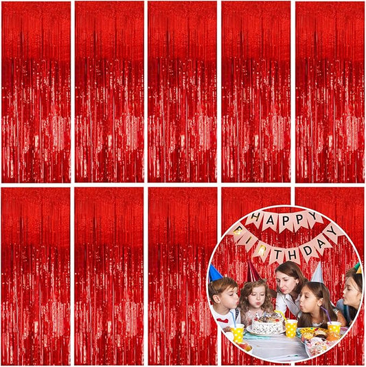 10 Pack Foil Curtain Backdrop Red Metallic Tinsel Foil Fringe