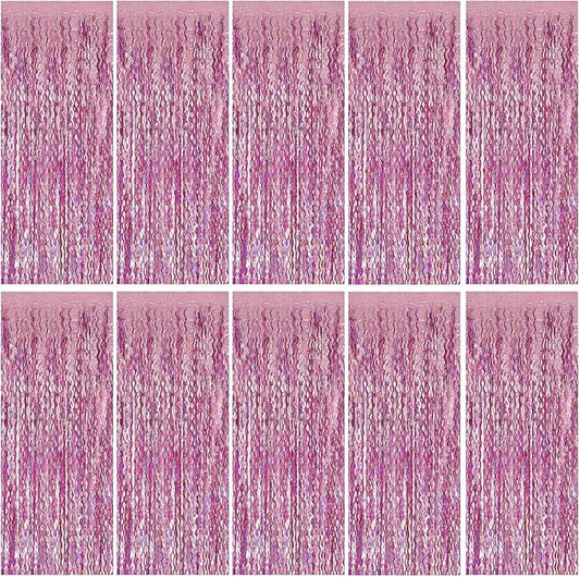 Pink Tinsel Foil Fringe Curtains Wavy Backdrop for Parties Sparkle