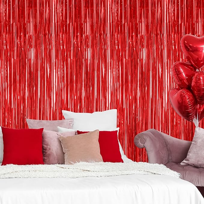 2 Pack Red Tinsel Backdrop, 3.28 FT x 7.05 FT Fringe Curtains