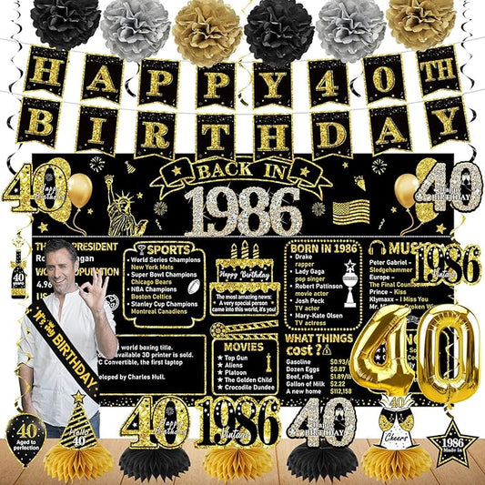 40th Birthday Decorations for Men Women 21pcs the Year 1986 Banner